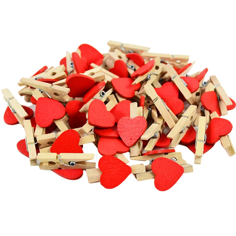

50pcs DIY Cute Mini Red Heart Shaped Wooden Clips Folder Memo Photo Clip Festival Wedding Home Decoration Office Supplies