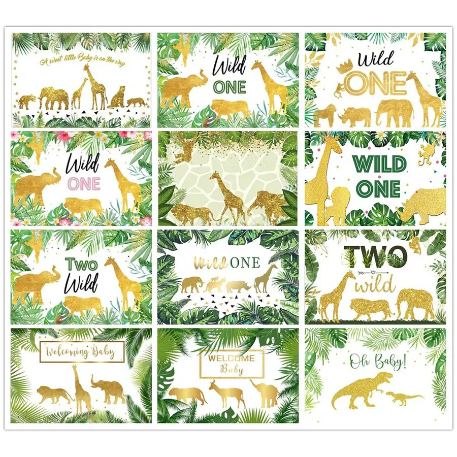 

Cartoon Jungle Backdrop Monstera Leaves Golden Animal Photography Backgrounds Baby Shower Birthday Party Decor Photo Booth Prop