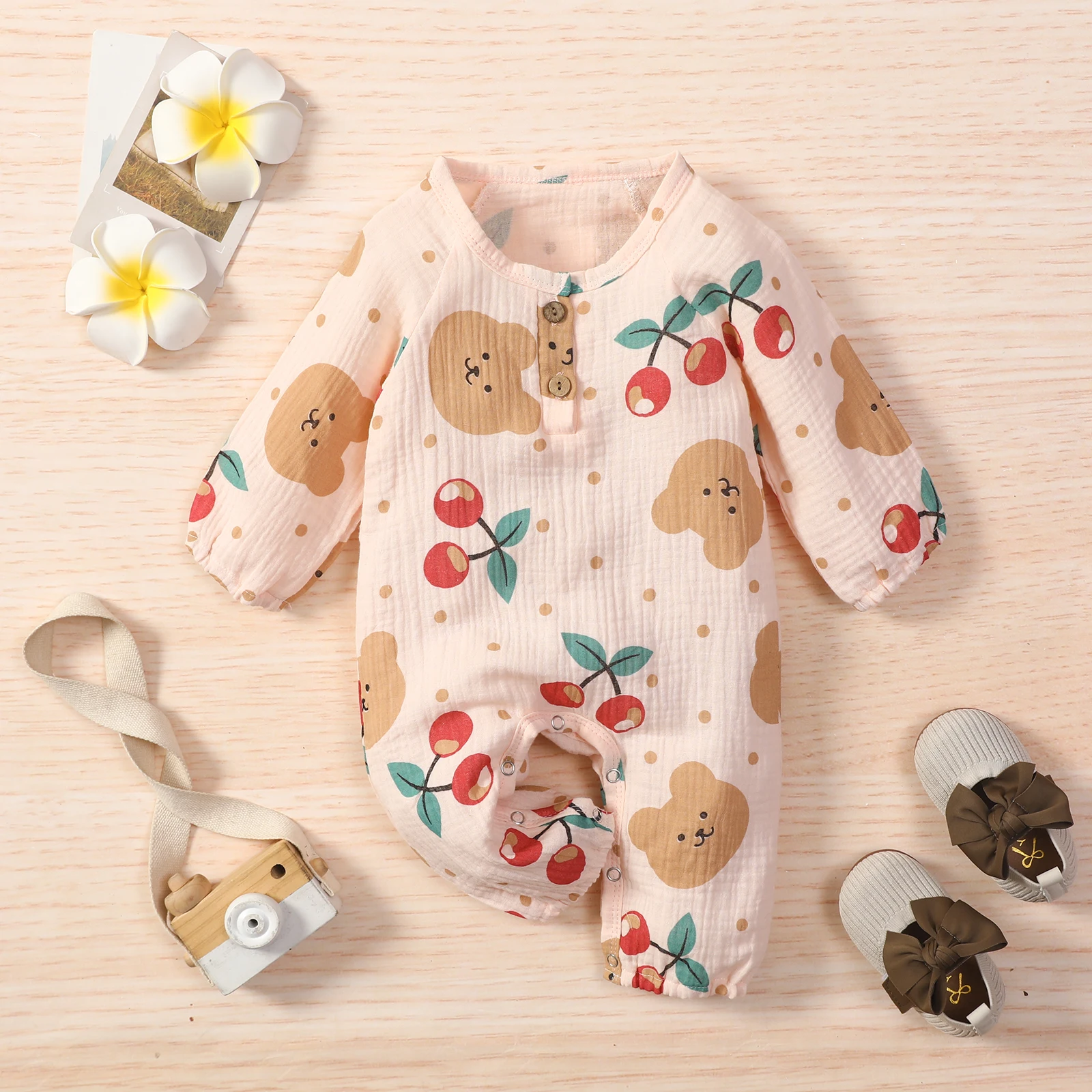 

Newborn Baby Girl Long Sleeve Jumpsuit Dinosaur Romper Bear Bodysuit Unisex Button Fall Outfits