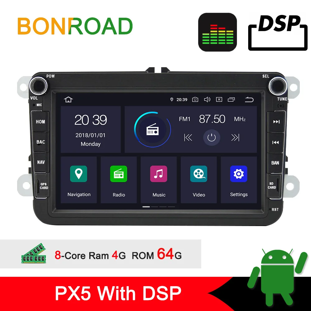 Bonroad 2din Android автомобильный мультимедийный плеер ForVW для Passat Seat Skoda rapid Bora gps навигация радио плеер(без dvd - Цвет: PX5  DSP