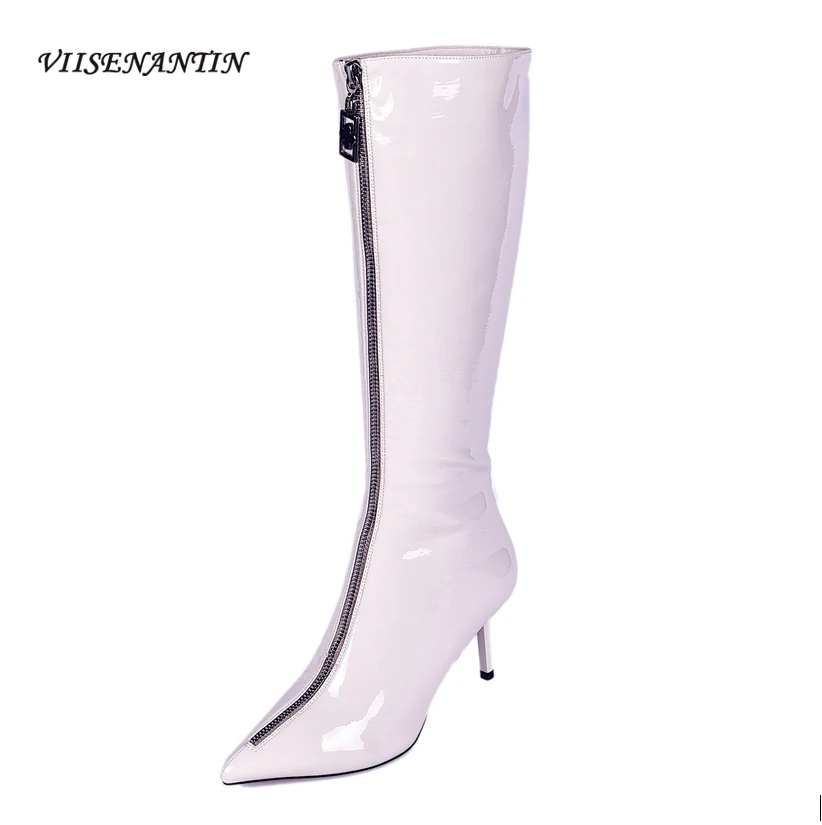 

Остроносые сапоги до колена из искусственной кожи на молнии спереди, новинка осень и зима, однотонные женские сапоги на шпильке, подходящие ...