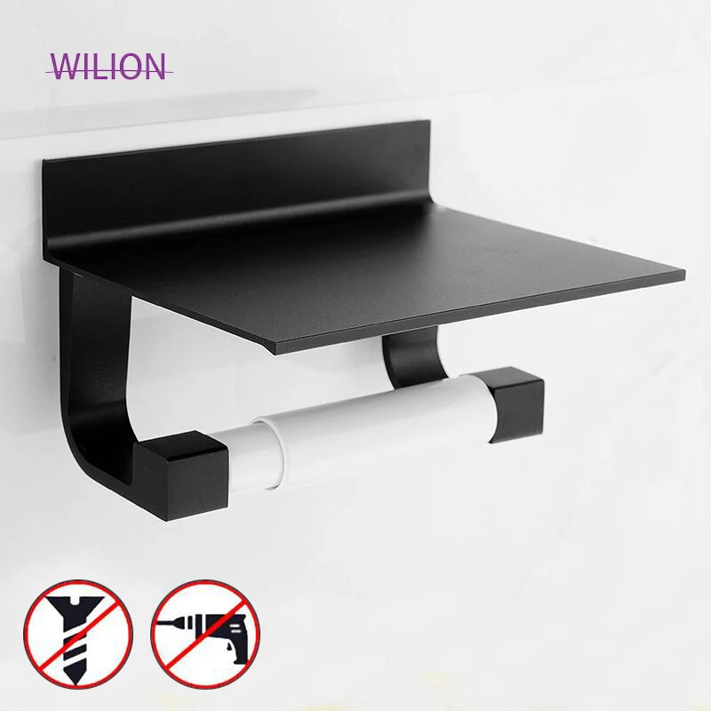 

Matt Black Toilet Paper Holder Space Aluminum Material Bathroom Moible Phone Shelf Accessory Popular Used