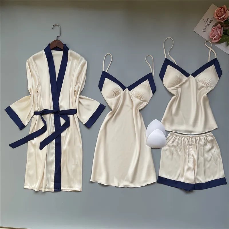 

4PCS Pijamas Suit Women Sexy Robe Kimono Gown Sleep Set Casual Loose Pajamas Set Summer Thin Soft Satin Sleepwear Home Clothes