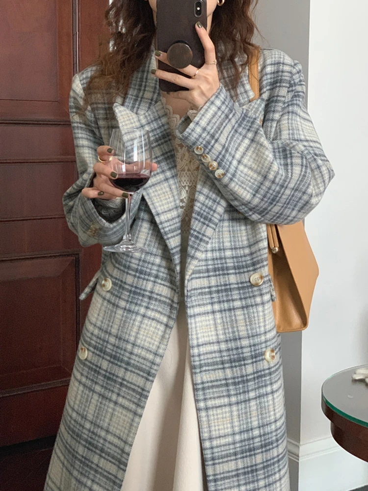 

Зимние женские длинные пальто 2021, женские винтажные клетчатые длинные рукава, отложной воротник, карманы, повседневные теплые шерстяные ку...