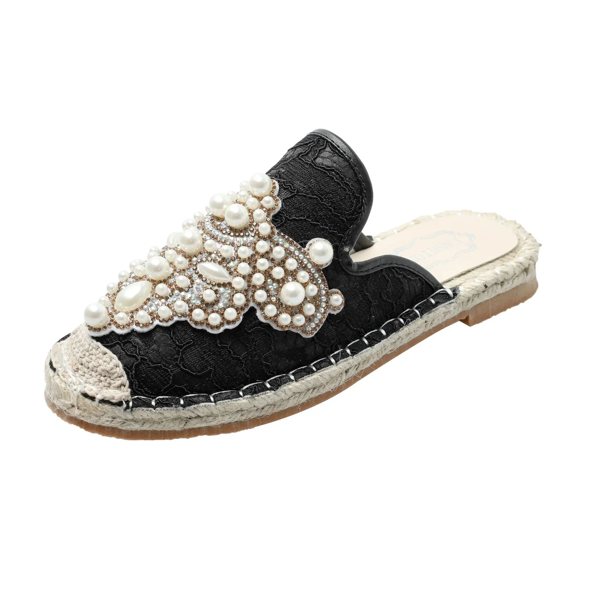 

New Woman's Pearl Fashion Women's Slippers Loafers Ladies Ethnic Flats Round Toe Female Slides Comfortable Women's Walking Shoes