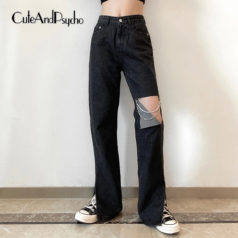 

Женские рваные джинсы в стиле 90-х с высокой талией и цепочкой