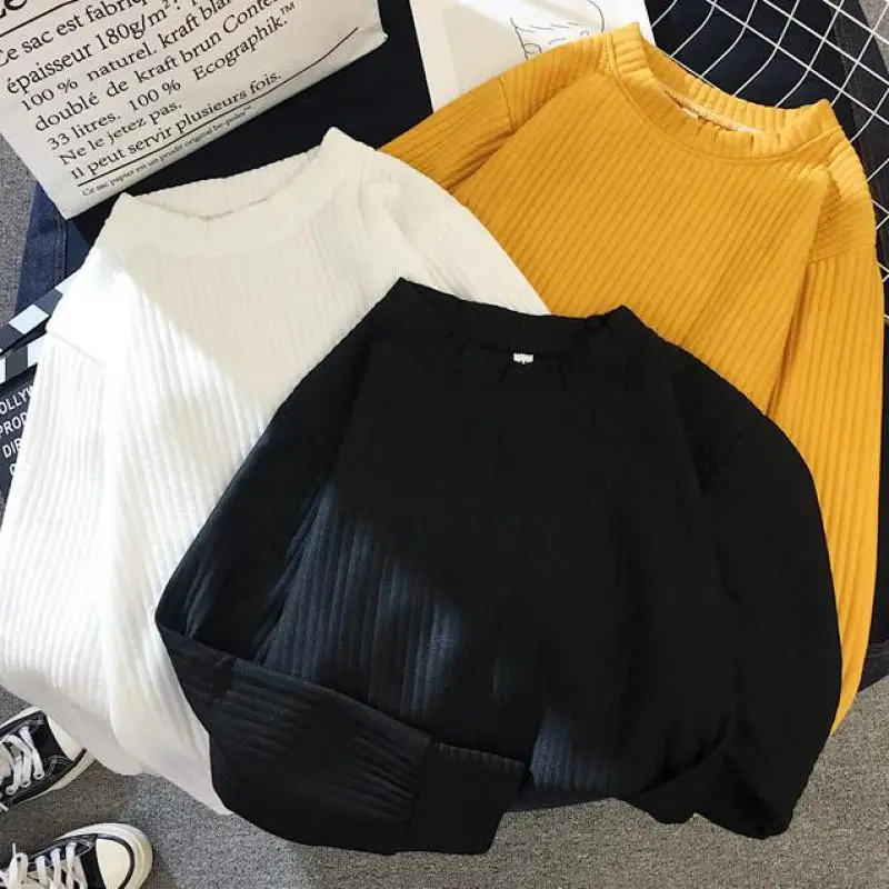 Sweater Women 2019 Autumn Winter New Solid Color Base Long Sleeve O Neck Fashion Loose Harajuku Slim Female Tops | Женская одежда