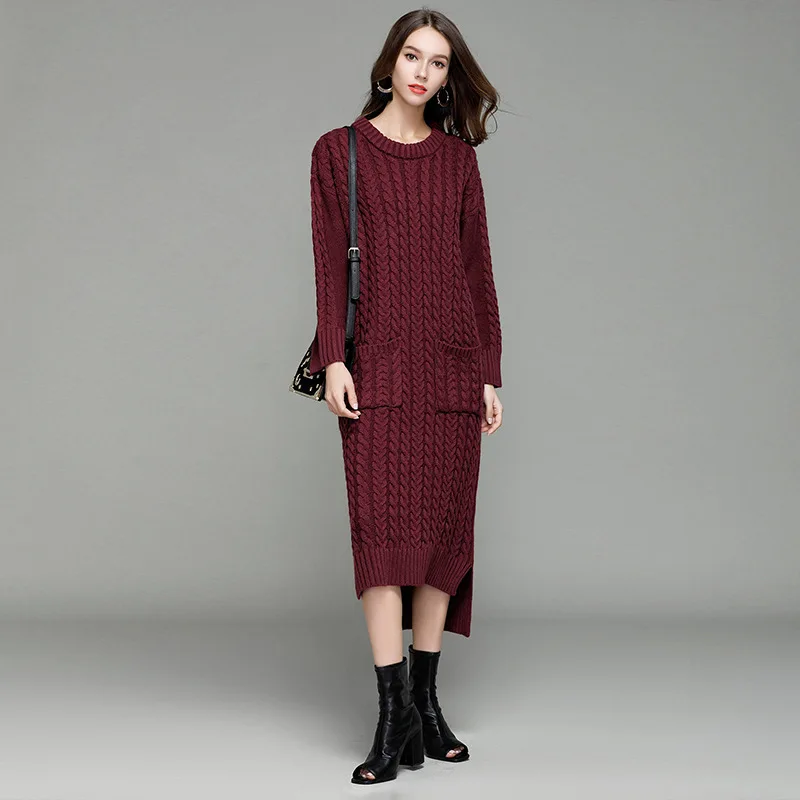 Женский осенне-зимний супер длинный свитер с карманами повседневный пуловер