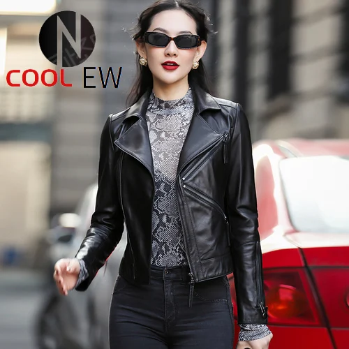 

PTSLAN Women's Real Lambskin Leather Jacket Female Sheepskin Jackets Motorcycle P5202