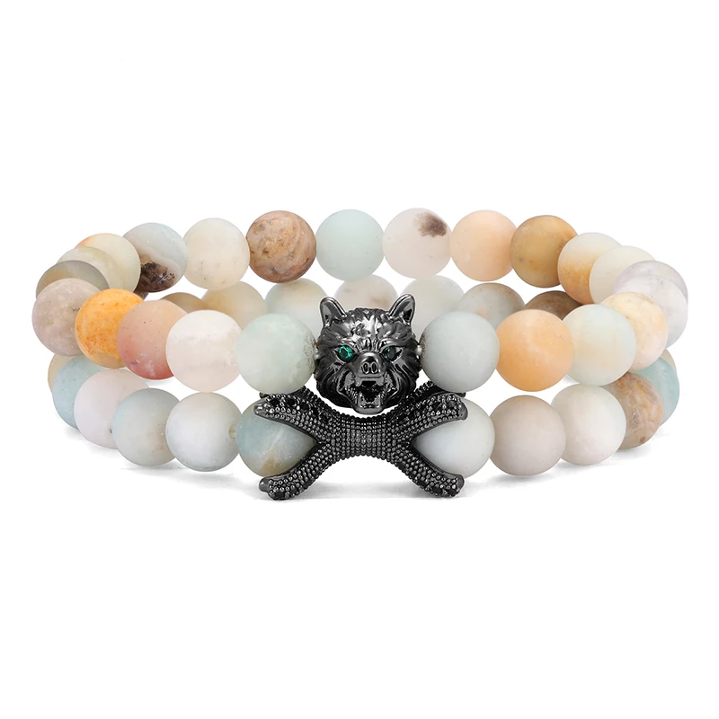 2 pieces / set of new fashion Cz wolf head men's bracelet charm natural stone beaded cuff jewelry gift | Украшения и