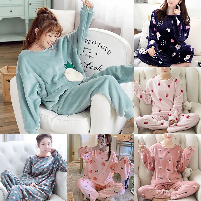 

Flannel Pajamas Hot Women Autumn And Winter Korean Long-Sleeved Thickening Plus Velvet Coral Fleece Home Service Suit Pajamas