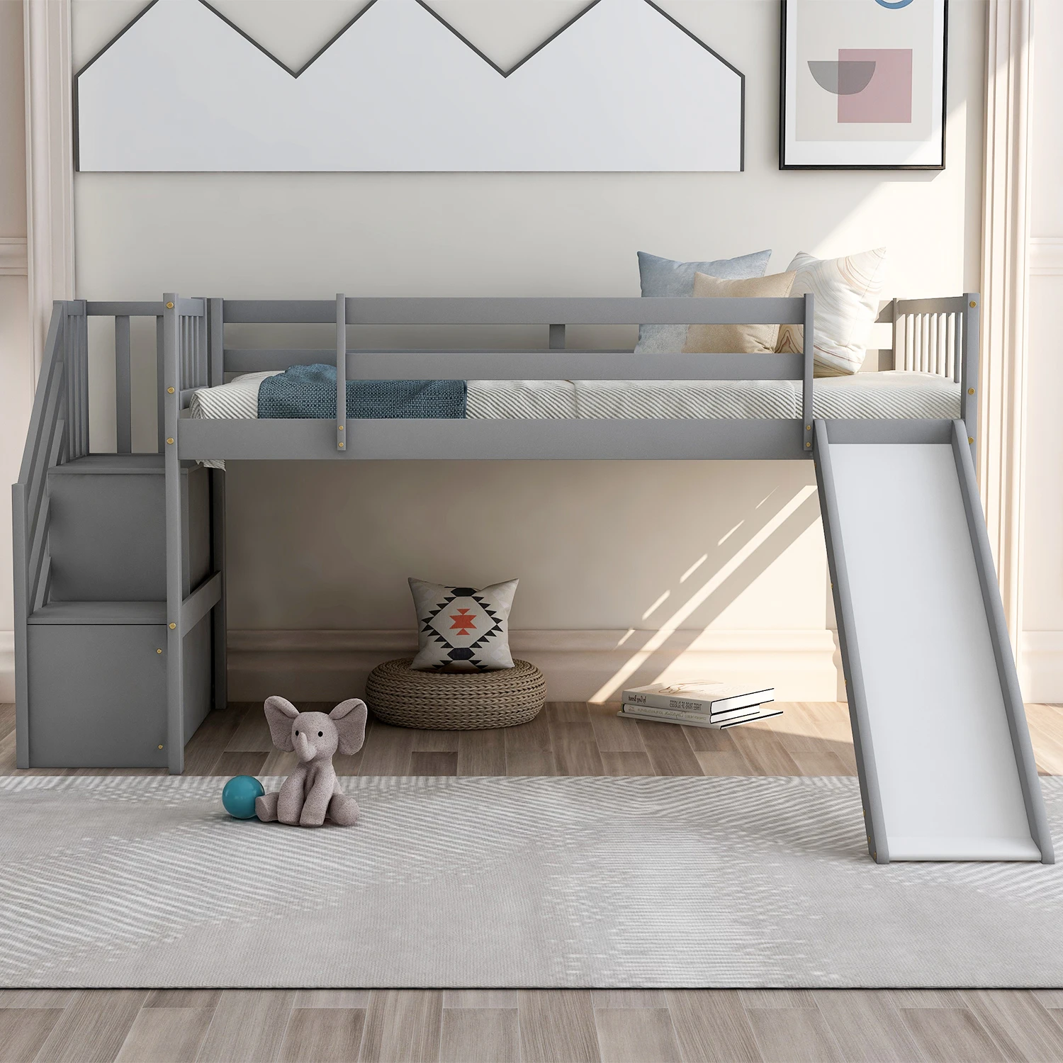 

Twin Size Low Loft Bed with Adjustable Slide and Staircase, Gray（New）