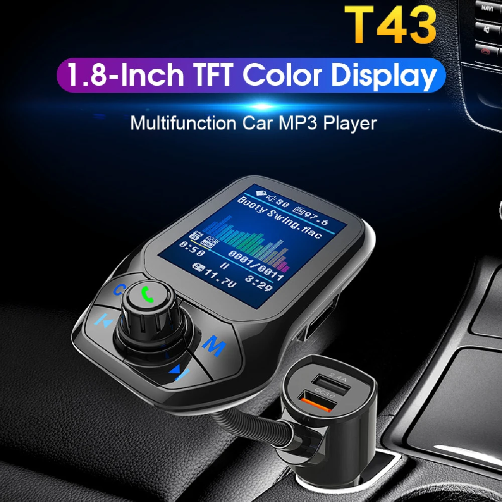 Car Bluetooth MP3 Audio Player Multifunction Dual USB Large Colorful Screen Display QC3.0 Vehicle Charger T43 | Автомобили и
