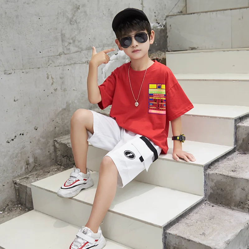 Red White Spring Summer Kids Clothes Suit Baby Boys T-Shirt+ Shorts 2pcs/Set Kids Teenage Top Sport Children's Day Gift Formal