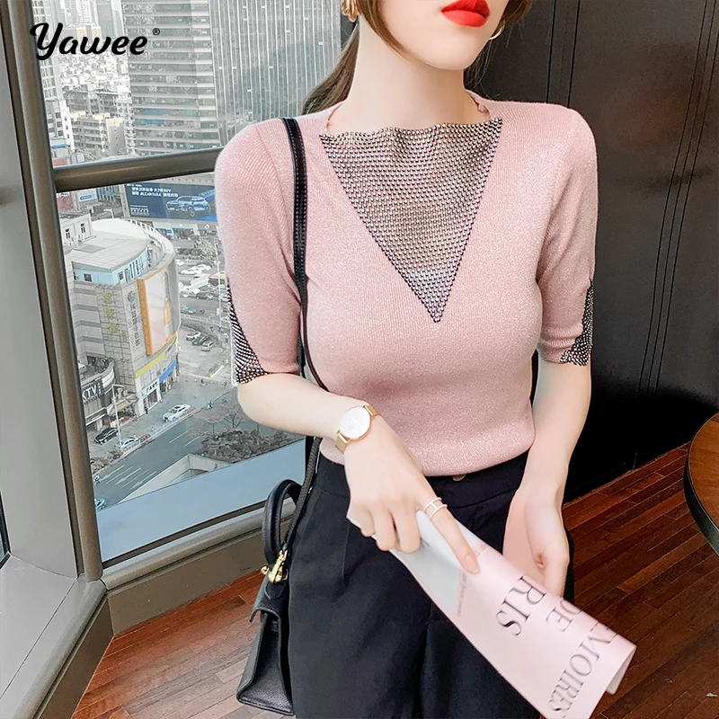 

Женская трикотажная сексуальная летняя футболка с круглым вырезом и коротким рукавом, сексуальные открытые футболки, повседневный однотон...