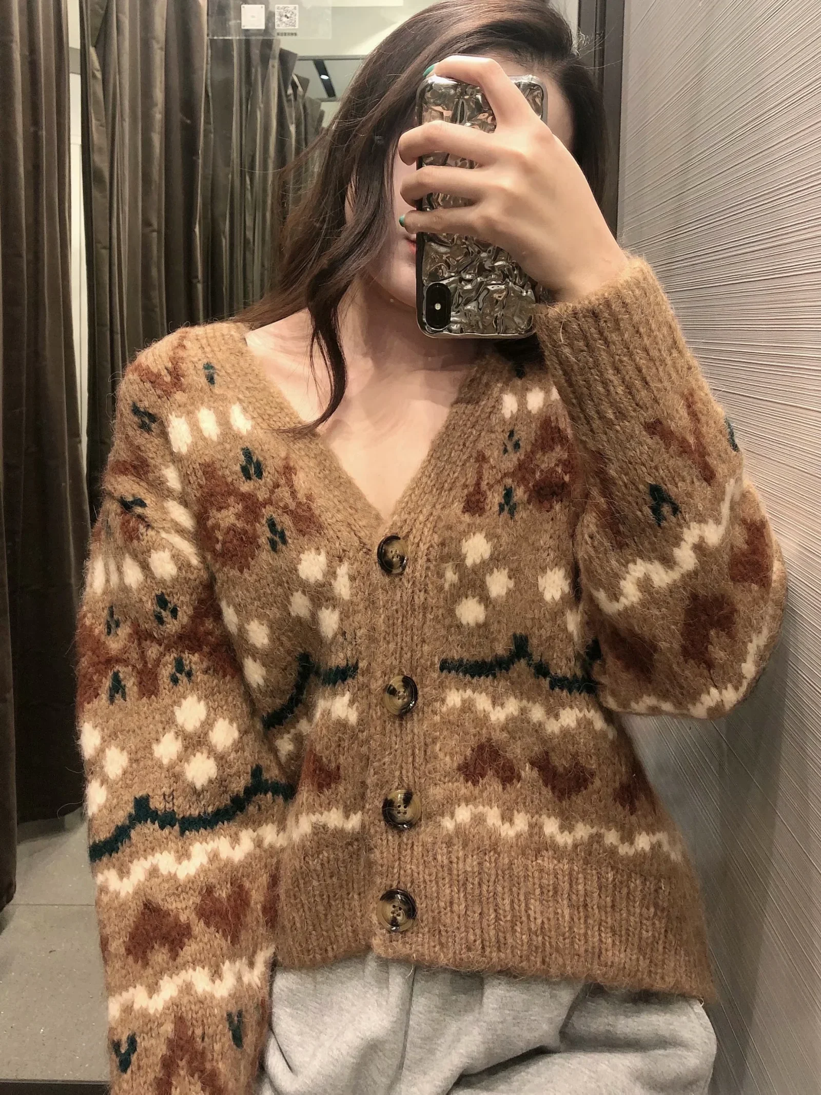 

Jacquard knit cardigan coat