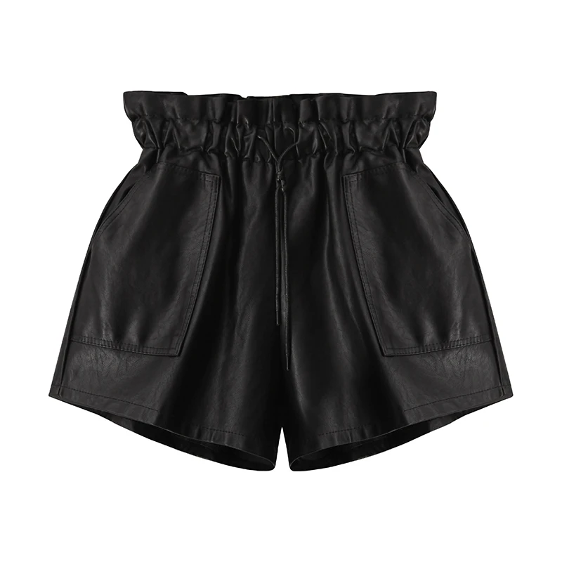 Женские эластичные шорты из ПУ кожи с высокой талией и карманами на осень зиму