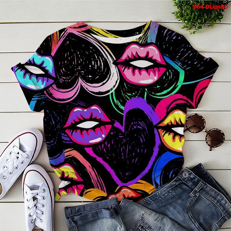 

T Shirt Femme Summer Fashion Lips Print T Shirt Women Casual Round Neck Short Sleeve Shirt Tee Harajuku Aesthetic T-shirts Women