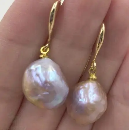 

Huge pink baroque pearl earrings gold plating dangler party earbob