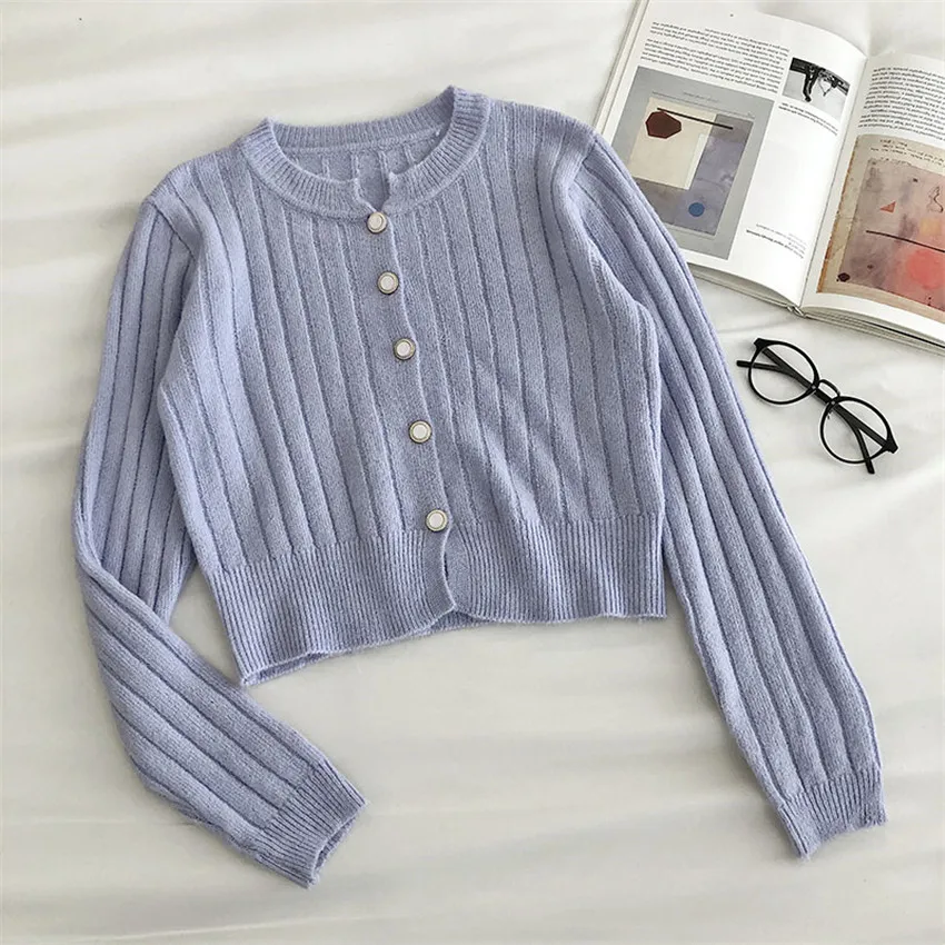 Korean Fashion Chic Solid Elegant Sweater Cardigan Women O-Neck Knitted Coat Short Outwear Cropped |