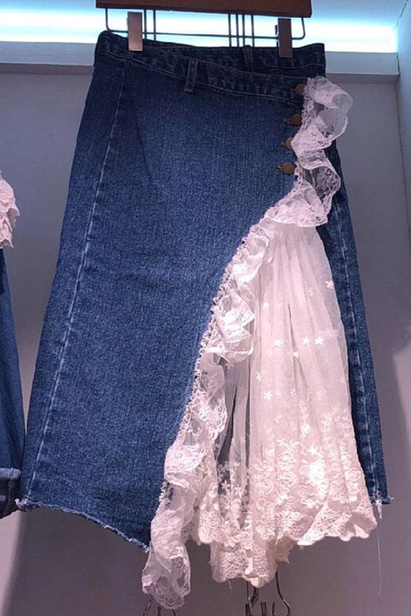 

Spring new mid-length A-line fashion embroidered lace ruffle stitching high waist denim skirt