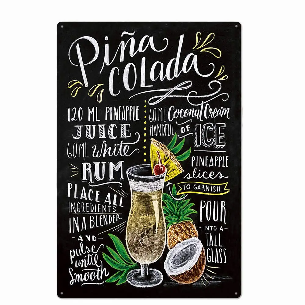 

Original Vintage Design Pina Colada Cocktail Recipe Tin Metal Signs Wall Art, Thick Tinplate Print Poster Wall Decoration
