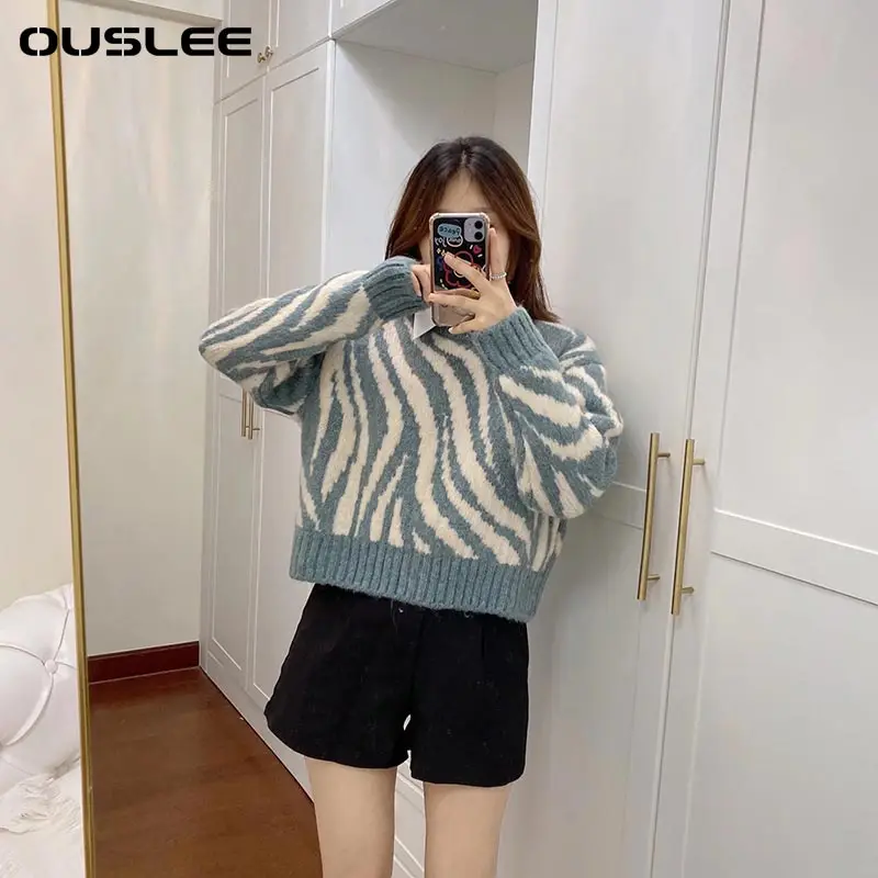 

OUSLEE Y2k Zebra Pattern O-Neck Women Sweater Long Sleeve Women Pullovers Causal Knitted Sweaters Autumn Low Price Promotion Top