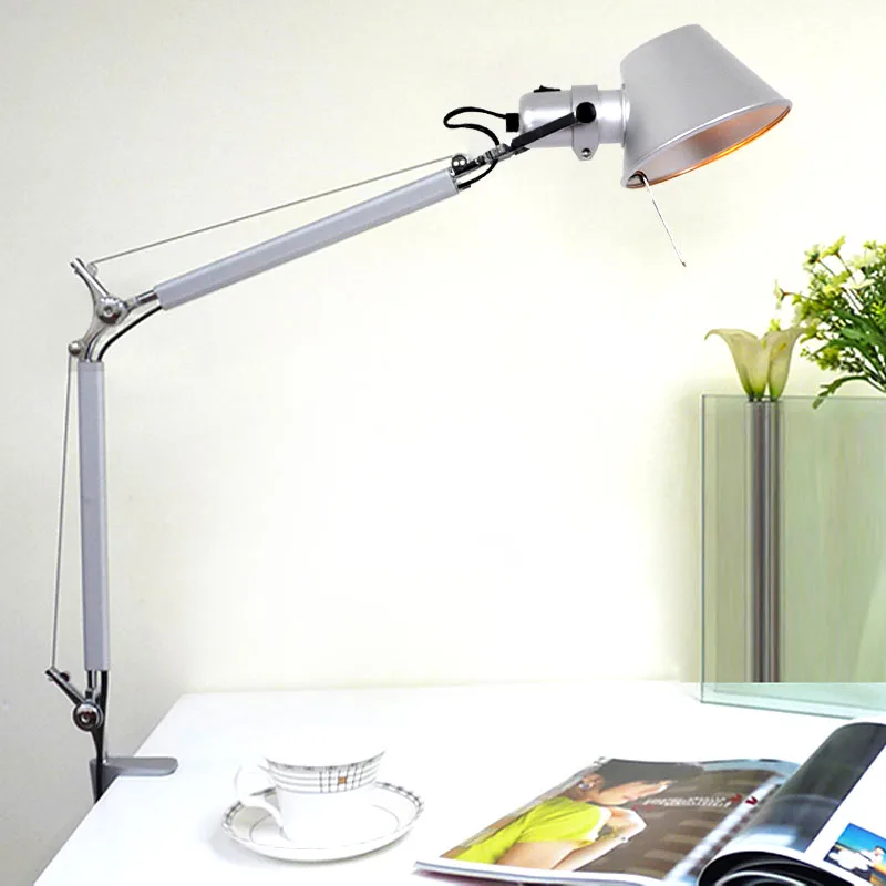 

Modern Swing Long Arm Table Lamp with Clip Black Silver Dormitry Student Study Clamp Desk Light for Bedroom Office Reading LED