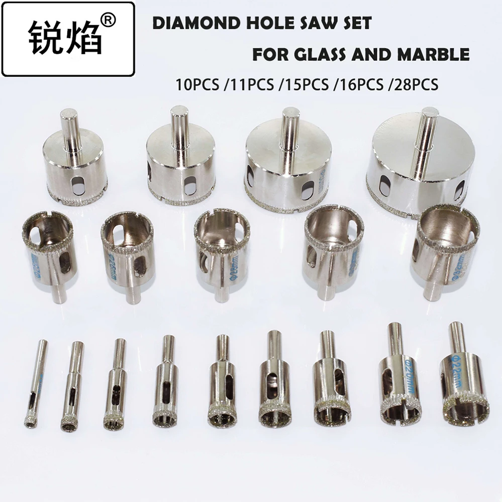 

Free shipping Diamond Coated Billet Drill Set Tile Marble Glass Ceramic Hole Saw Drilling Bits For Power Tools 3-60mm 10-28Pcs