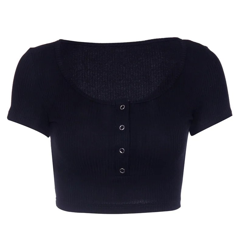 

Womens V-Neck Tank Tops Slim Short Sleeve Tops Sexy Button Knitted T-Shirt Ribbed Summer Crop Top Vintage Clubwear