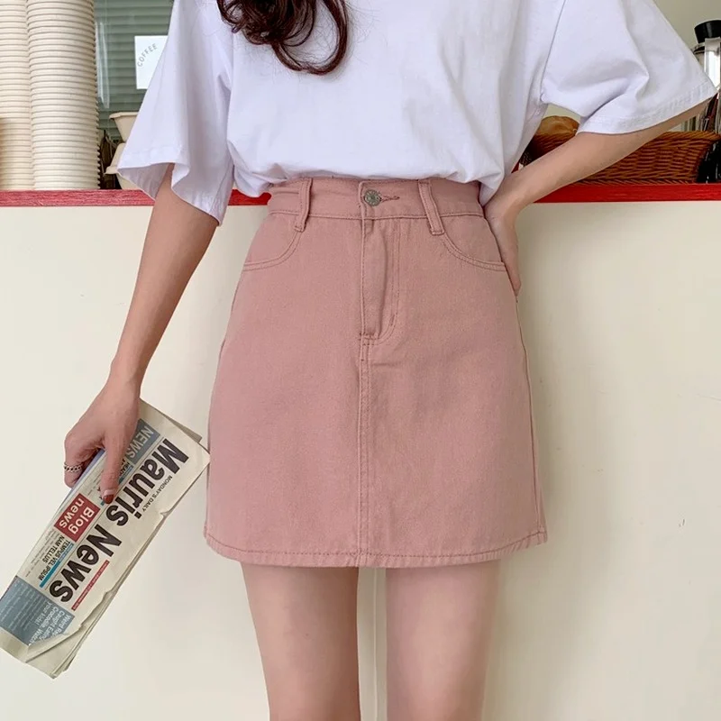 

2021 Summer Women High Waist Black Jeans Skirt Indie Casual Solid Color A-line Mini Skirts Korean Package Hip Jeans Skirt Y2k