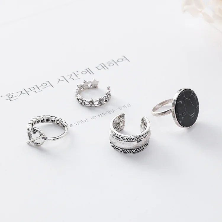 

4pcs/set Fashion Silver Color Marble Charm Rings Sets For Women Korean Jewelry Gifts Girls Simple Geometric Open Finger Rings