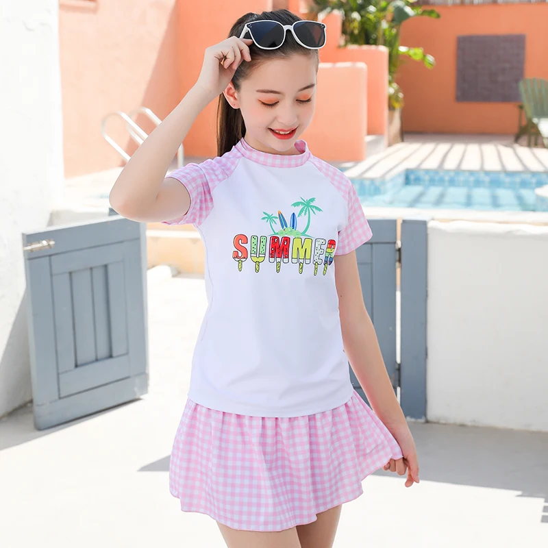

Girls Young Swimsuit 3 Pieces Plaid 30-60KG Swimwear Children Paded Bathing Suit Beach Short Sleeve Short Pants Summer