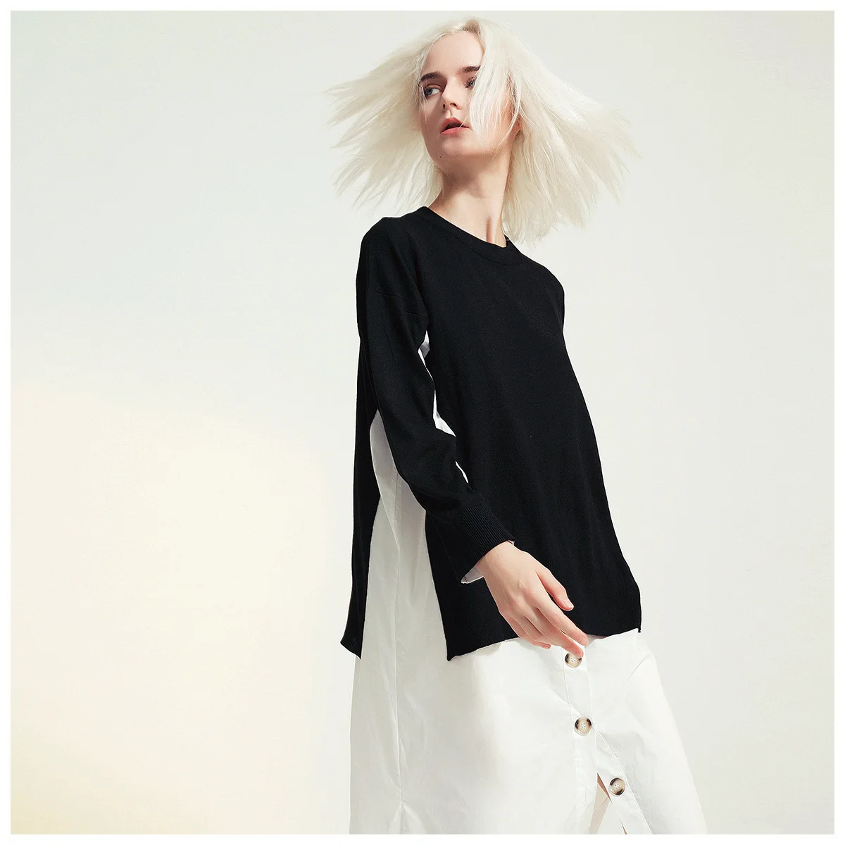 DEAT autumn and winter fashion clothes women round neck full sleeves knits pullover long contrast colors dress WJ14401L | Женская одежда