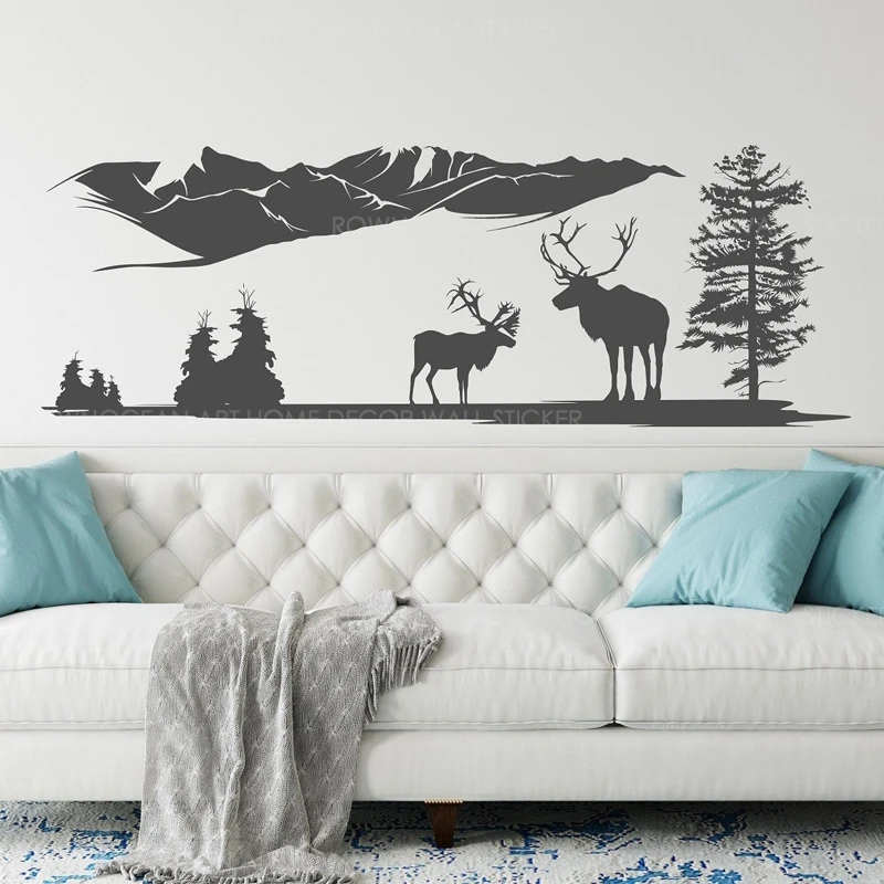 

Deers & Mountain Настенная Наклейка-натуральная Наклейка на стену, наклейка на стену с сосновой деревом, Виниловая наклейка большого размера 3903