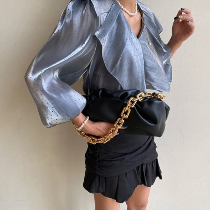 

Chic Korean Style Elegance Retro Socialite Style Polka Dot Glossy Large Lapel Shirt + Ruffle Hip Skirt Outfit