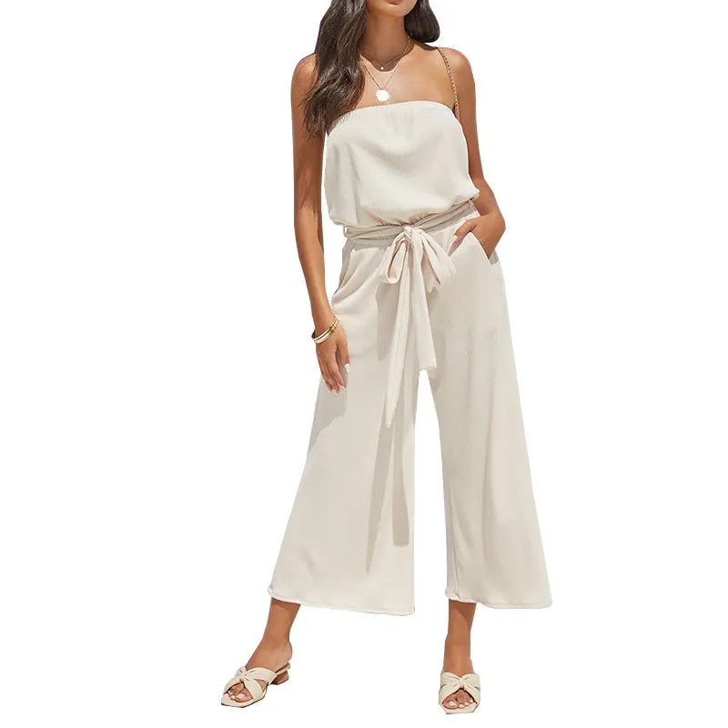 

2021 Summer Women Holiday Casual Sleeveless Jumpsuits Fashion Ladies Solid Color Bodysuit Wide Leg Loose Long Pants Trousers