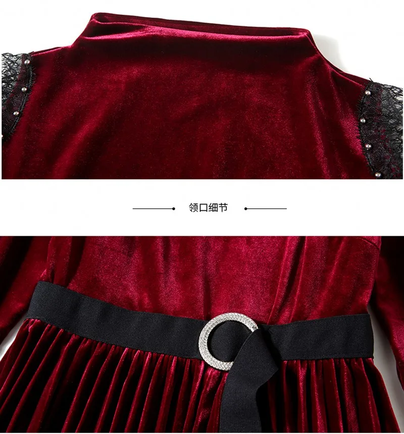

2020 autumn winter Fashion Dress Women Round Neck Long Sleeve Mesh Stitching High Waist Pleated Velvet dress Vestidos