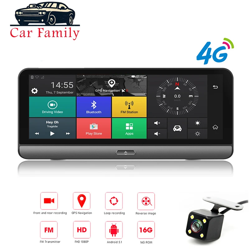 Автомобильный видеорегистратор 8 дюймов 4G Wi Fi Android 5 1 сенсорный IPS Bluetooth FHD 1080P