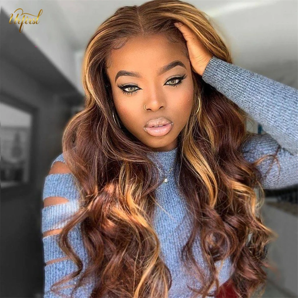 Urfirst P4/27 Highlight Wig Brazilian Body Wave Wig Highlight Lace Front Human Hair Wigs Honey Remy Blonde Ombre Lace Front Wig