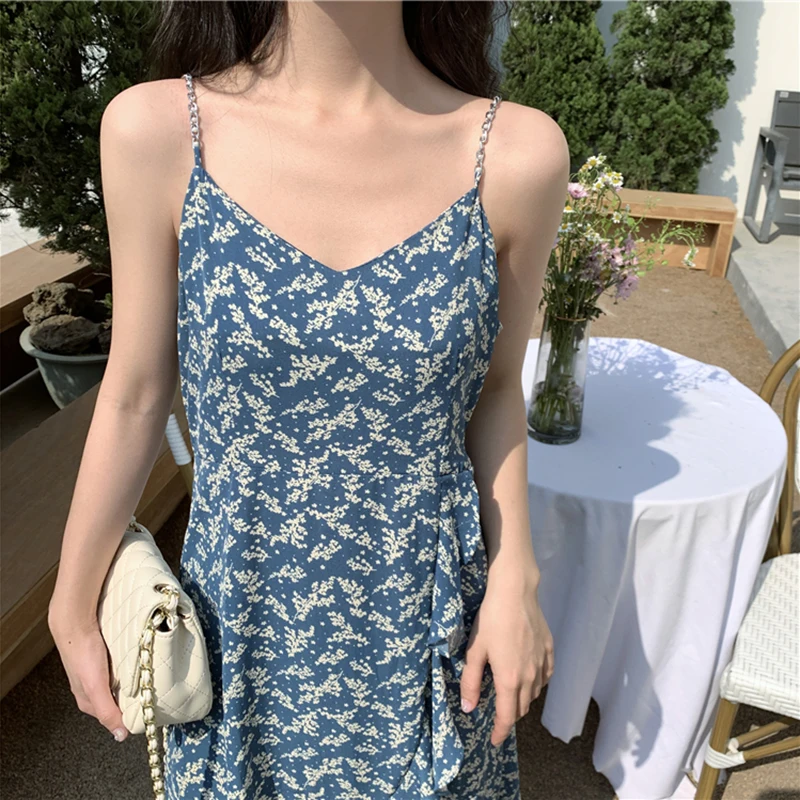 

QOERLIN Sexy V-Neck Spaghetti Strap Women Dress Elegant Print Blue Midi Sundress Summer Style Casual Irregular Beach Dress 2021