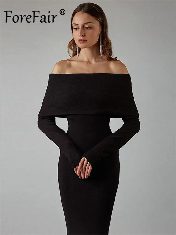 

Forefair Long Sleeve Slash Neck Bodycon Ribbed Midi Dress Women 2021 Autumn Winter Fashion Solid Sexy Party Club Women's Dresses