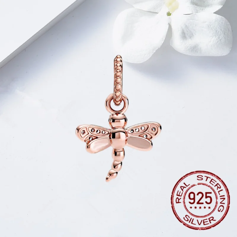 

Genuine 925 Sterling Silver Rose gold Dragonfly Dangle Charm Beads Fit Original 3mm Charm Bracelet Jewelry Gift 2020 New