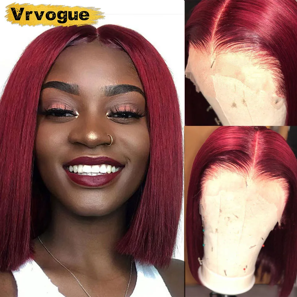 Прямые бордовый 99J Боб Синтетические волосы на кружеве парики для Для женщин 13x4