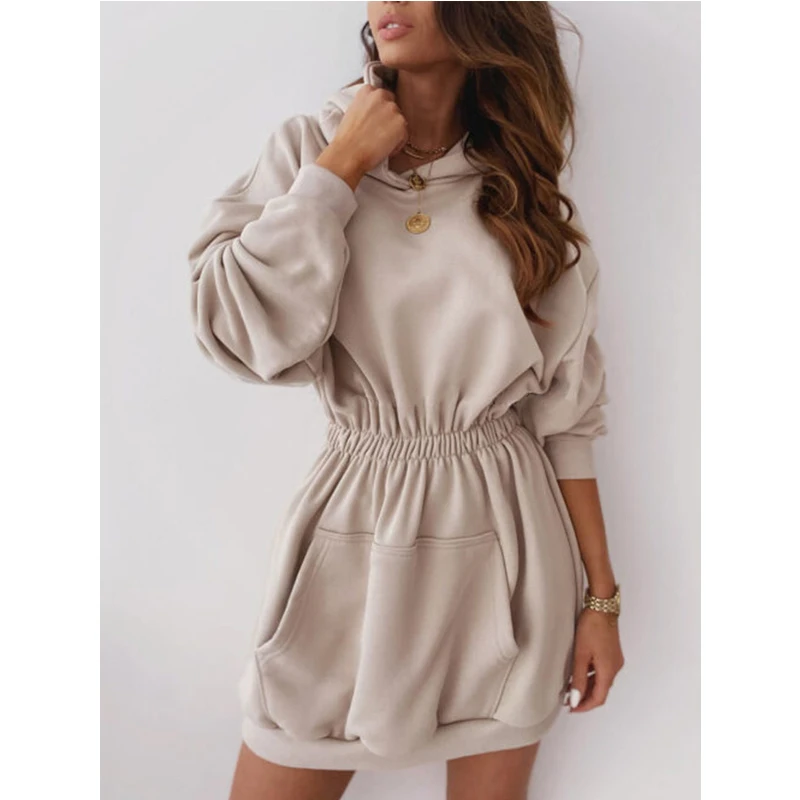 

Повседневное мини-платье с круглым вырезом и длинным рукавом и капюшоном, Женские однотонные офисные короткие платья с эластичным поясом, ж...