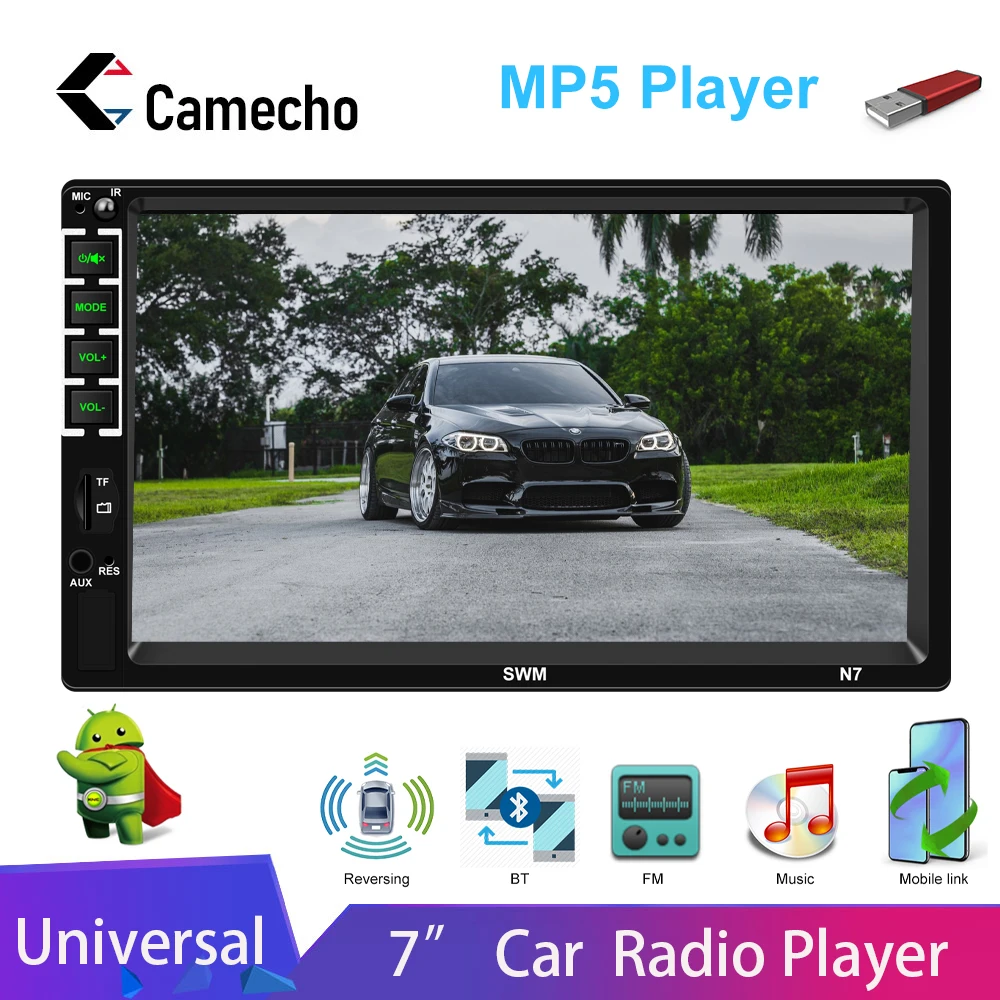 Camecho 2 Din Автомобильное радио 7 HD MP5 Сенсорный мультимедийный плеер Bluetooth Цифровой дисплей Встроенное авторадио FM AUX USB SD