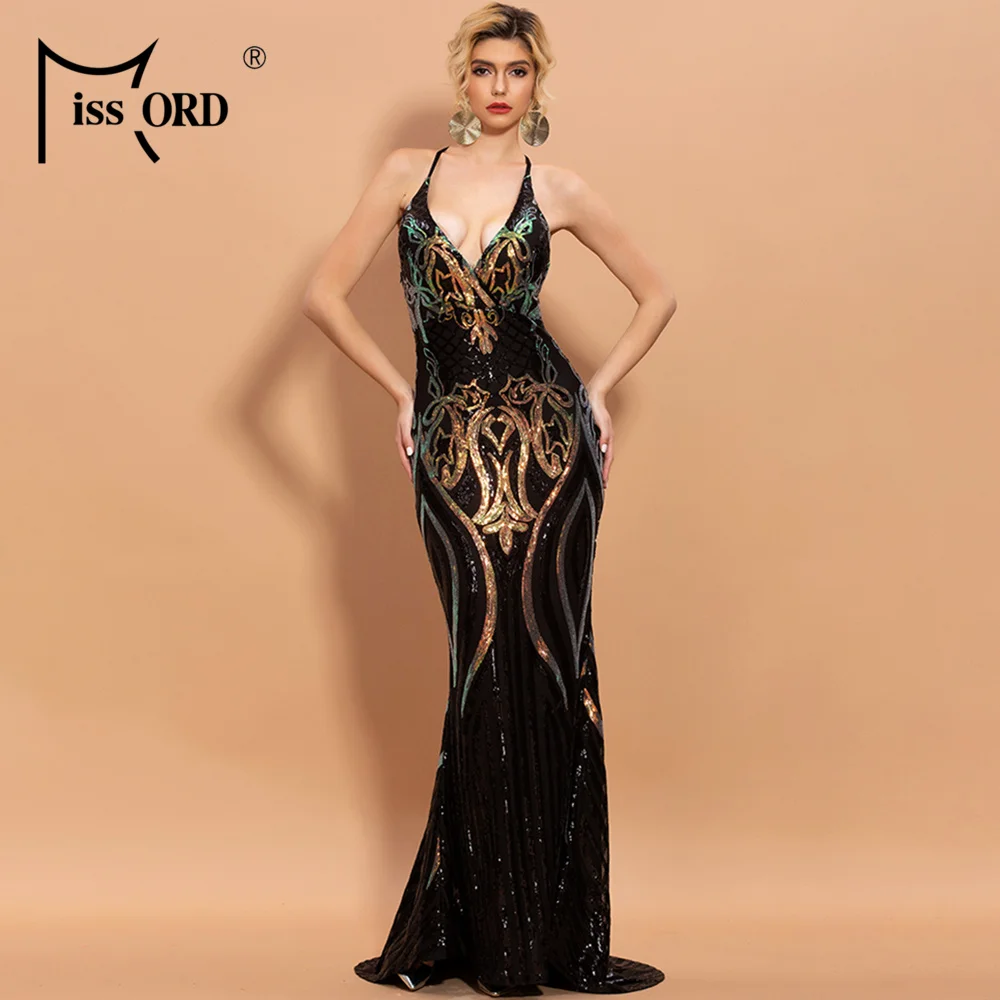 Женское платье макси с блестками Missord элегантное вечернее открытой спиной и