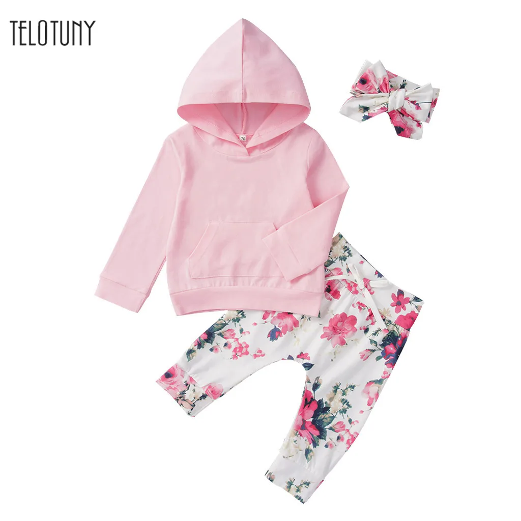 TELOTUNY/Новые модные комплекты для девочек из 3 предметов Однотонный свитер с капюшоном топы, штаны с цветочным принтом повязка на голову, осенняя одежда для детей ясельного возраста, 830