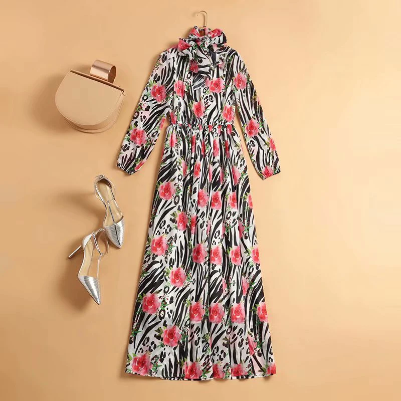 

SEQINYY Chiffon Dress 2020 Summer Spring New Fashion Design Women Zebra Print Flowers Bow Long Sleeve Elegant Long Dress