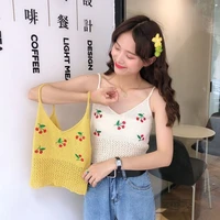 suspender tops women 2021 summer new style korean v neck cherry embroidery hollow short knit sling camisole base vest multicolor